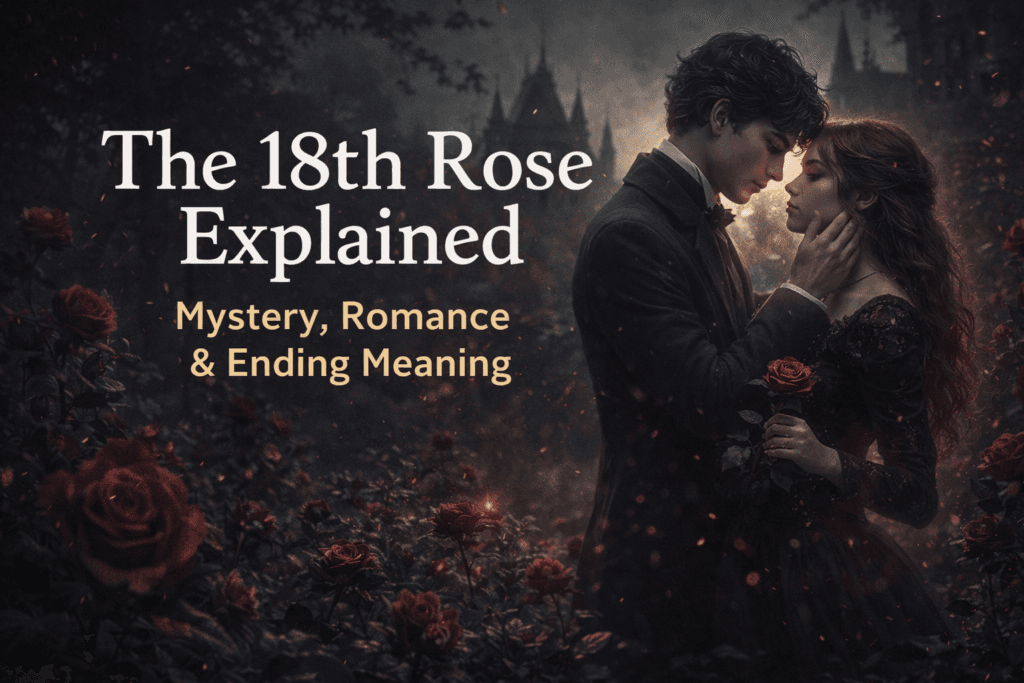 The 18th Rose movie explained banner showing romantic gothic couple with red roses and dark, mysterious background