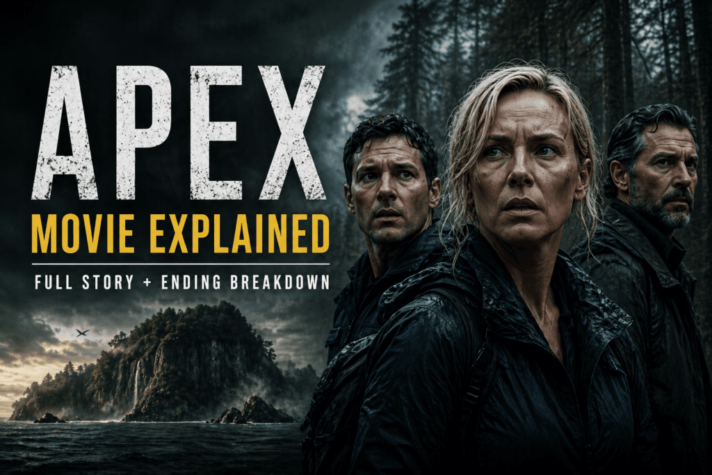 Apex movie explained banner showing survival thriller island atmosphere, psychological tension, and full story ending breakdown