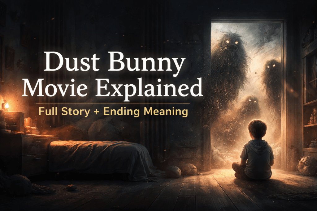 Dust Bunny movie explained banner showing mysterious dust creatures and emotional scene