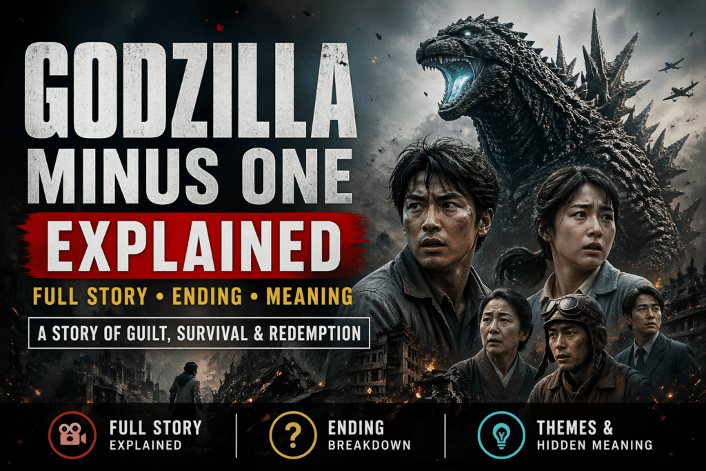 Godzilla Minus One explained banner showing Godzilla attacking a destroyed city with the main characters in the foreground