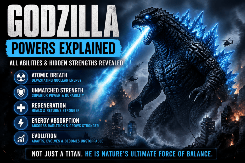 Godzilla powers explained showing atomic breath, strength, regeneration, and evolution in Monsterverse
