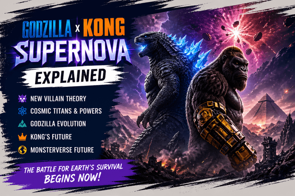 Godzilla x Kong Supernova Explained banner featuring Godzilla and Kong standing against a cosmic explosion with Monsterverse battle visuals.