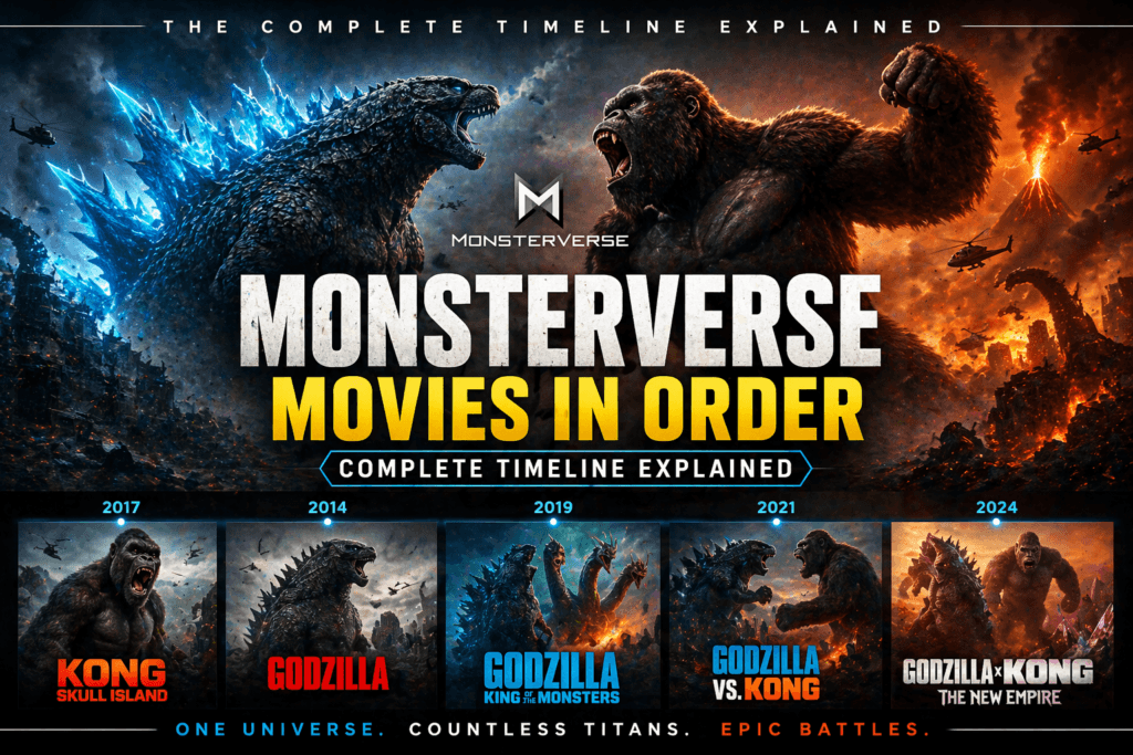 Monsterverse movies in order banner showing Godzilla vs Kong epic battle timeline with all films from 2014 to 2024