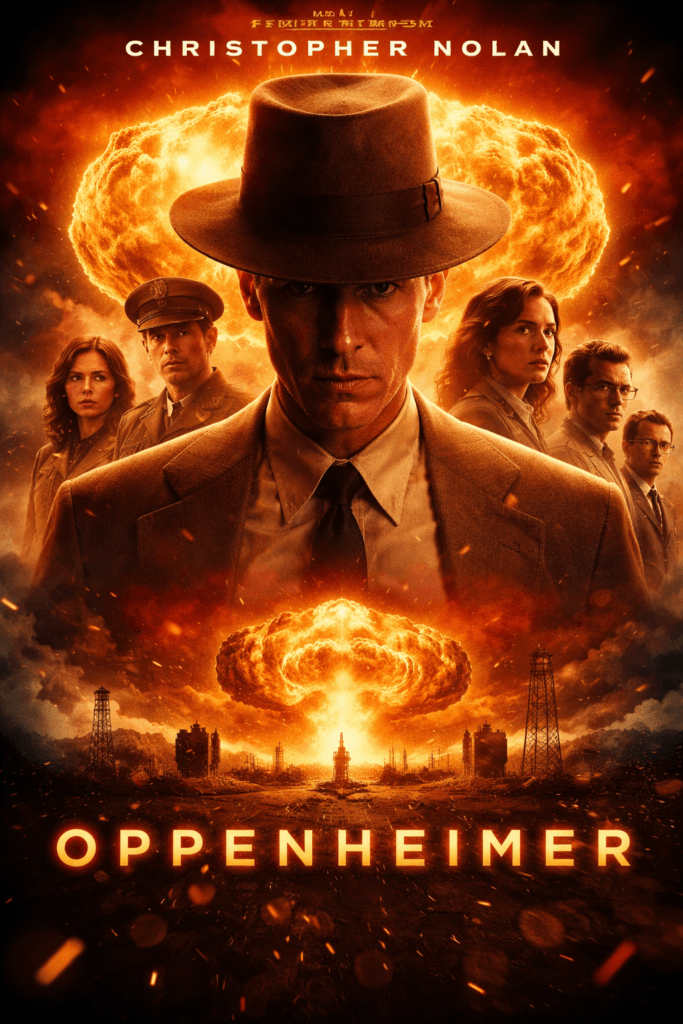 oppenheimer movie explained poster featuring atomic explosion and scientist