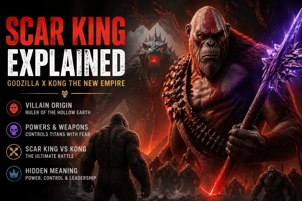 Scar King explained banner showing Scar King holding a weapon while facing Kong in Hollow Earth with a Titan in the background