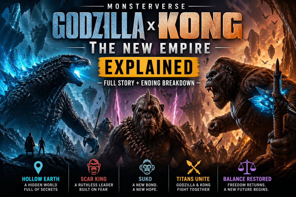 Godzilla x Kong The New Empire explained banner showing Godzilla and Kong teaming up against Scar King in Hollow Earth battle