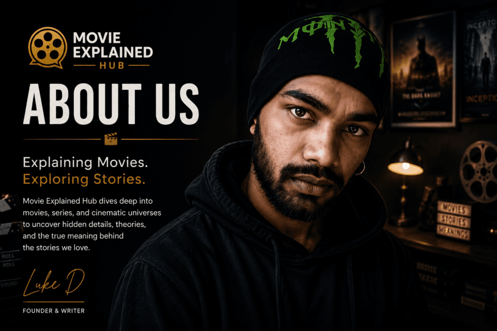 Movie Explained Hub About Us cinematic banner featuring founder Luke D with dark entertainment studio background and cinematic lighting