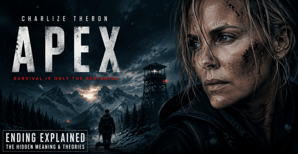 Apex Netflix movie ending explained banner featuring Sasha in a dark snowy survival thriller landscape