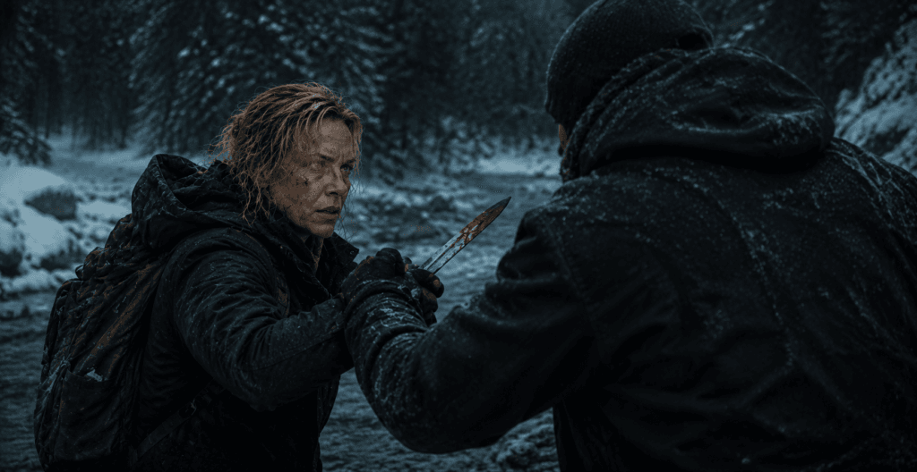 Sasha fights a masked hunter near the frozen river in Apex survival thriller scene