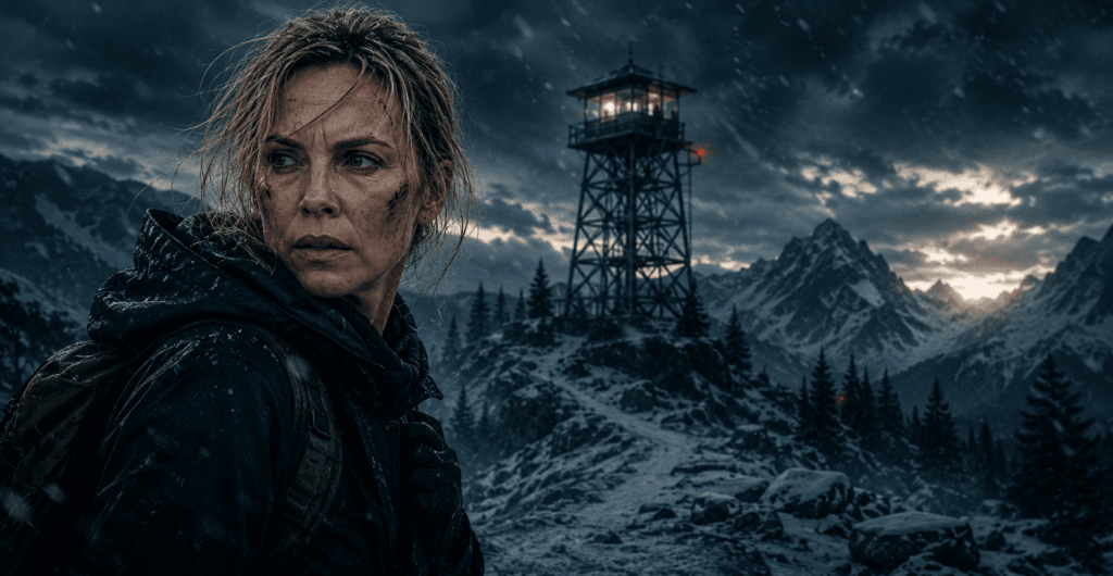 Sasha standing near a snowy watchtower in Apex during a dark survival sequence