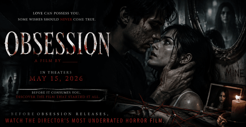 Dark cinematic Obsession horror banner featuring a psychologically intense couple surrounded by mirrors, shadows, and disturbing obsession symbolism.