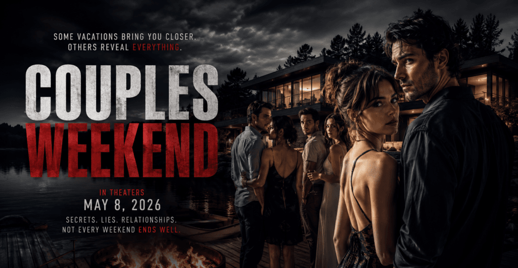 Dark cinematic Couples Weekend banner featuring couples standing outside a luxury lakeside house with emotional tension and dramatic lighting.