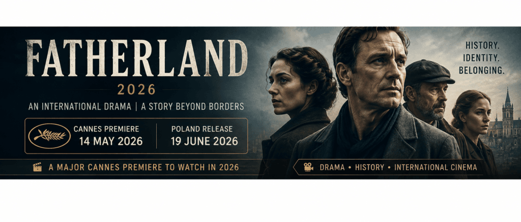 Fatherland 2026 cinematic banner featuring dramatic characters, European city backdrop, Cannes premiere date, and international historical drama atmosphere