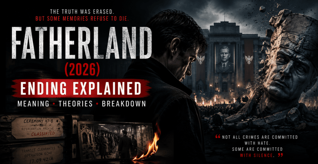 Dark cinematic Fatherland (2026) Ending Explained banner featuring Elias Voss, a collapsing memorial statue, political symbolism, and dystopian thriller visuals.