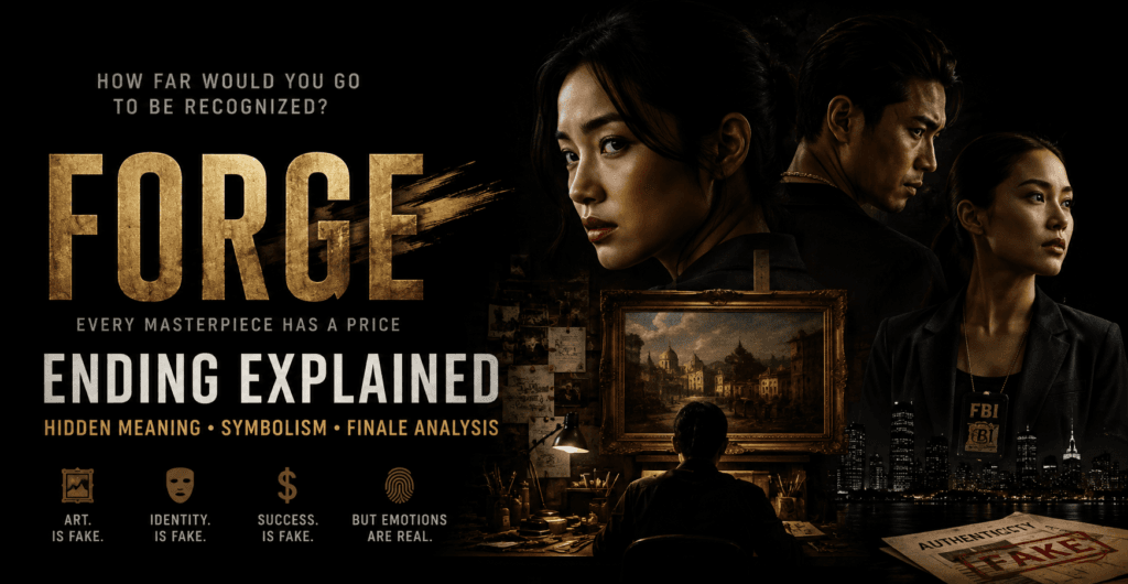 Forge Ending Explained banner featuring dark cinematic artwork, art forgery themes, character conflict, hidden symbolism, and emotional finale analysis from the 2025 film directed by Jing Ai Ng.