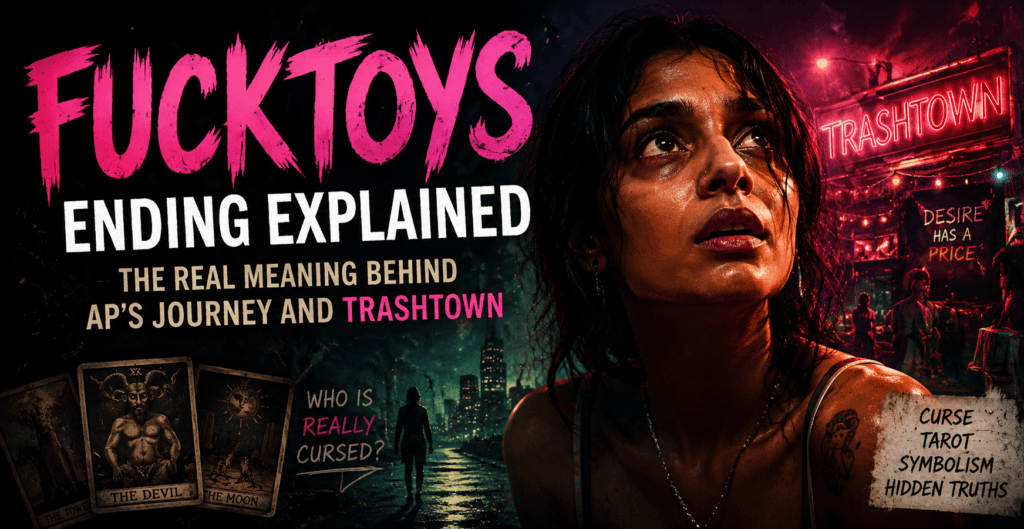 Dark cinematic Fucktoys Ending Explained banner featuring AP, tarot symbolism, Trashtown neon lights, and hidden themes from the 2025 film.