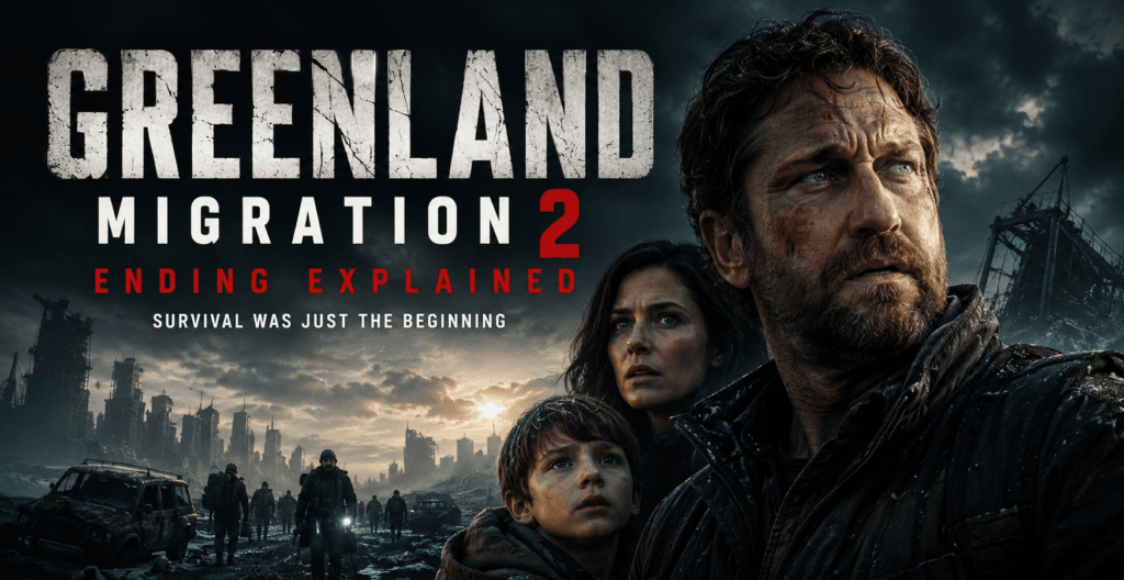 Greenland Migration 2 cinematic banner showing Gerard Butler and survivors standing in a ruined post-apocalyptic city during a dark storm