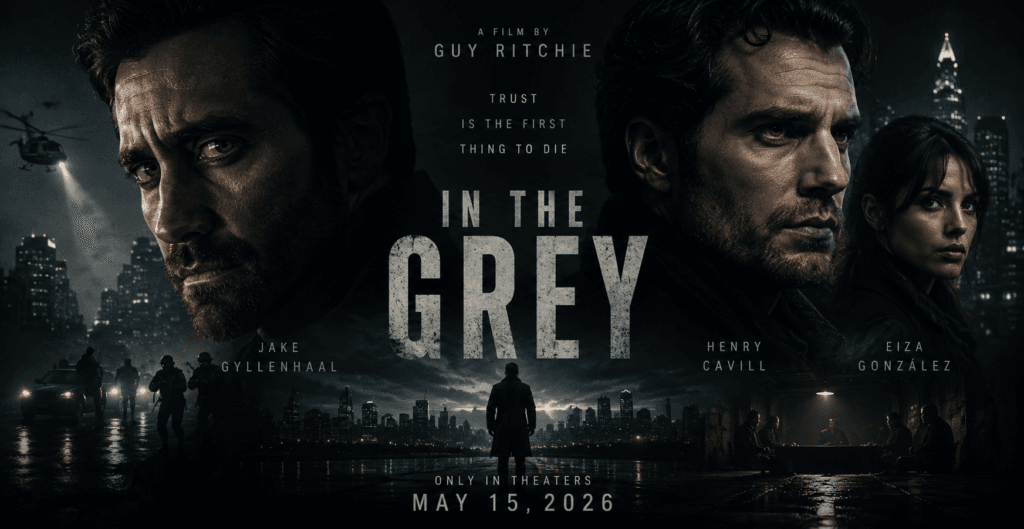Dark cinematic In The Grey (2026) banner featuring Jake Gyllenhaal, Henry Cavill, and Eiza González in a tense psychological action-thriller setting.