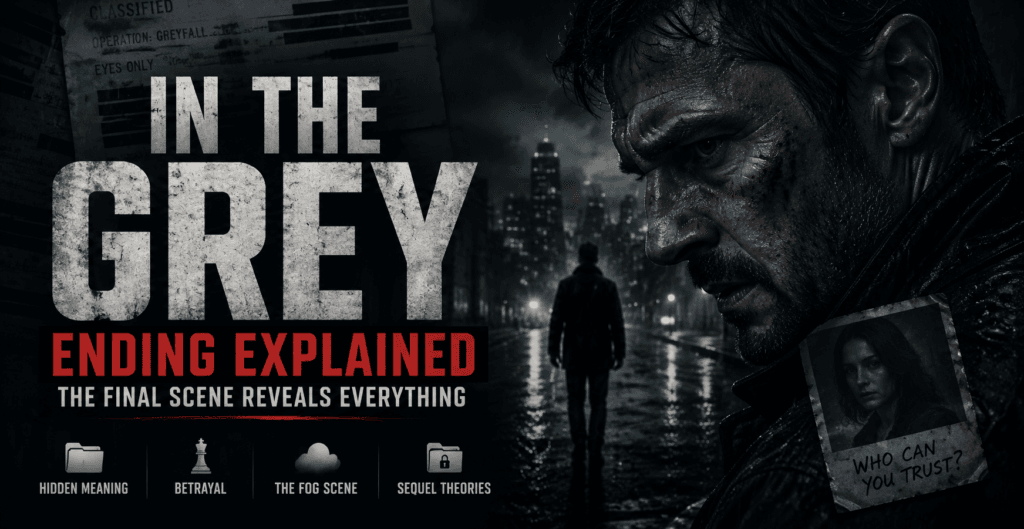Dark cinematic banner for In the Grey Ending Explained featuring a tense male protagonist in the rain, foggy city streets, and mystery thriller visuals.