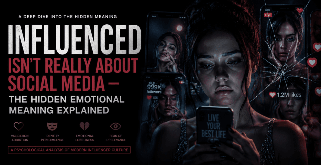 Influenced cinematic banner showing a lonely influencer surrounded by glowing phone screens, social media notifications, and dark psychological symbolism.