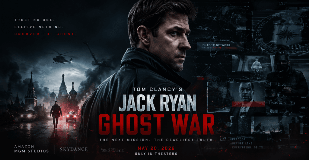 Dark cinematic banner for Jack Ryan: Ghost War featuring John Krasinski in a tense espionage atmosphere with CIA surveillance visuals, helicopters, red emergency lighting, and hidden Shadow Network clues.