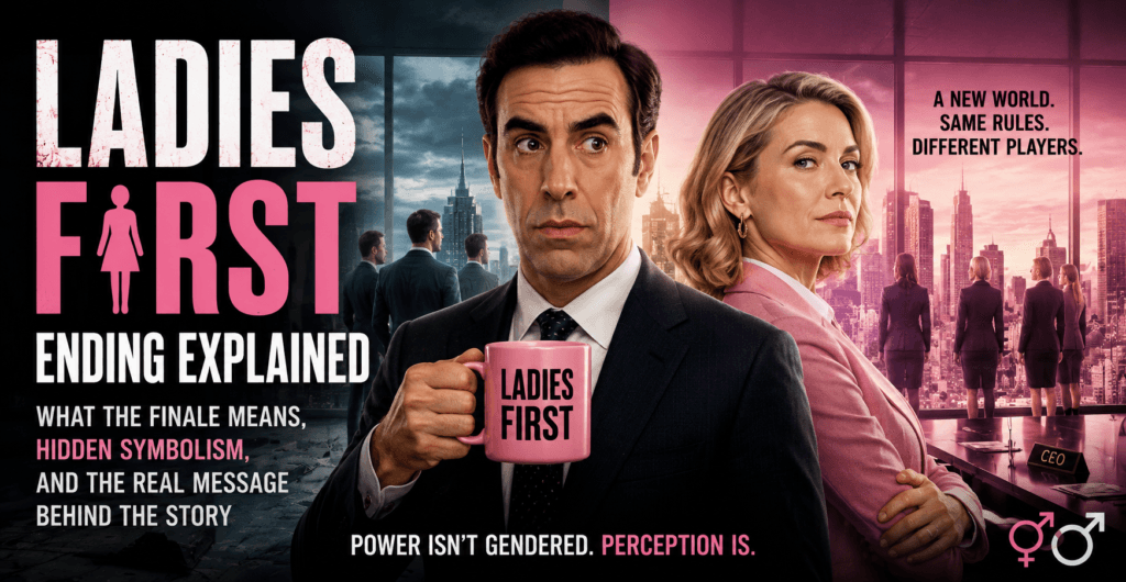Cinematic Ladies First Ending Explained banner featuring a confused businessman holding a pink mug, a powerful woman in a corporate setting, and a gender-reversal themed cityscape background.