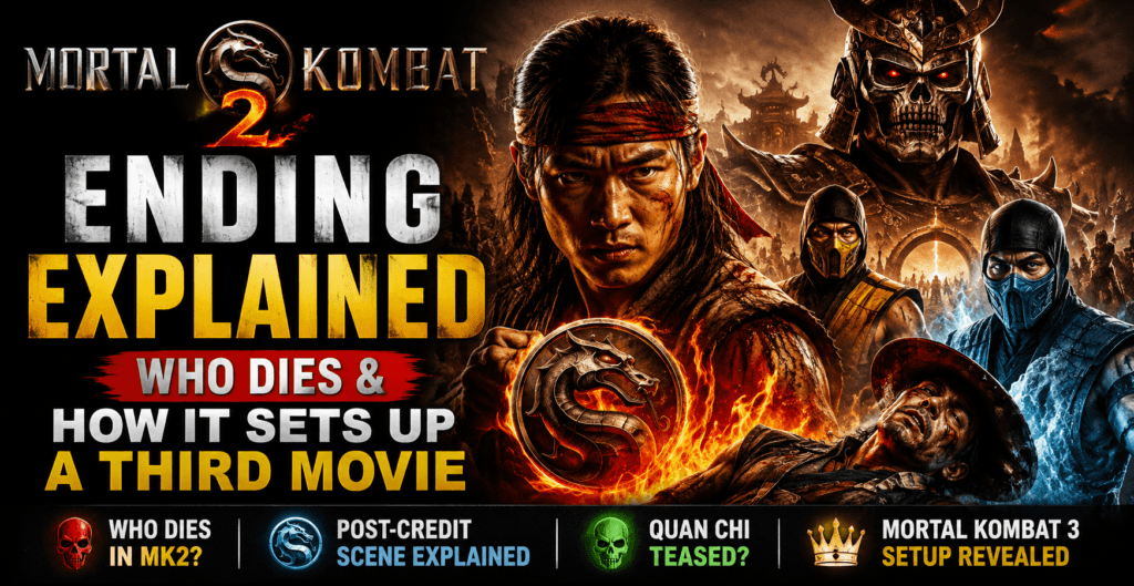 Mortal Kombat 2 ending explained banner featuring Liu Kang, Shao Kahn, Scorpion, Sub-Zero, and Kung Lao death scene