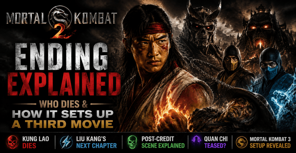 Dark cinematic Mortal Kombat 2 ending explained banner featuring Liu Kang, Shao Kahn, Scorpion, Sub-Zero, and Kung Lao’s death scene
