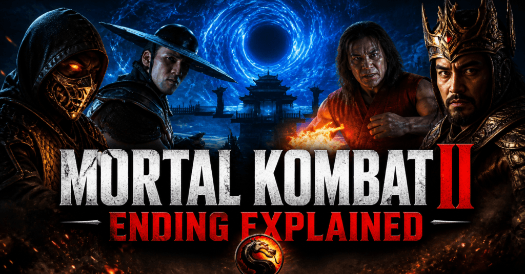 Mortal Kombat II ending explained banner with Shao Kahn, Scorpion, Johnny Cage, and dark cinematic Outworld background