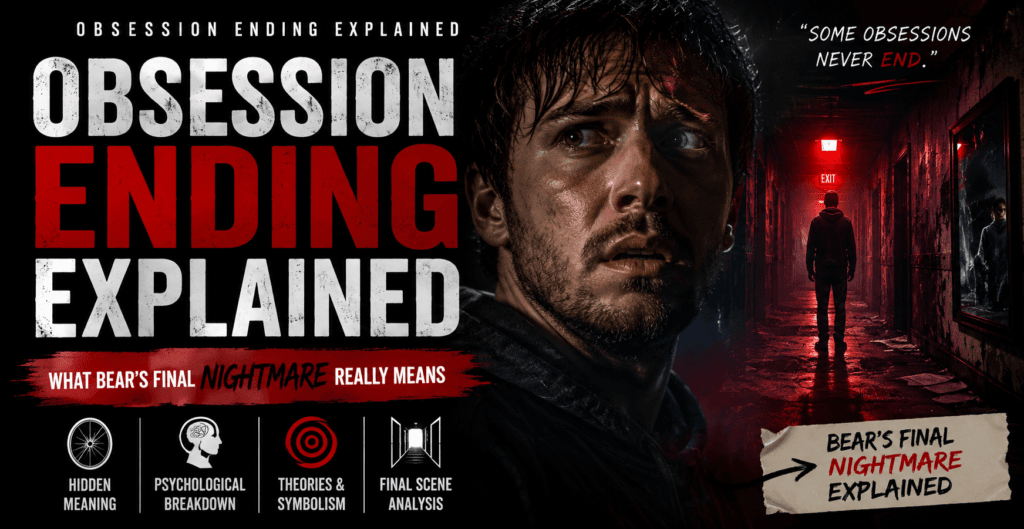 Bear standing in a dark red hallway during the final nightmare scene in Obsession Ending Explained