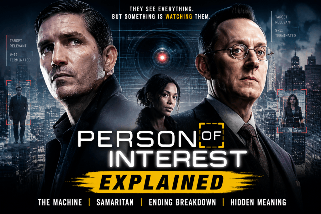 Person of Interest explained banner showing The Machine, John Reese, Finch, and Samaritan AI thriller breakdown
