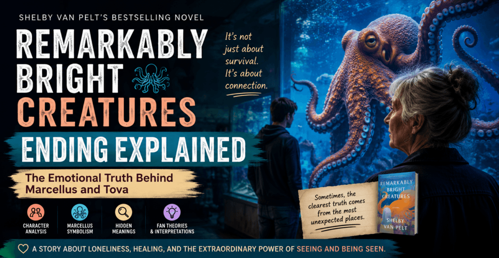 Remarkably Bright Creatures ending explained banner featuring Marcellus the octopus, Tova, and a cinematic blue aquarium atmosphere