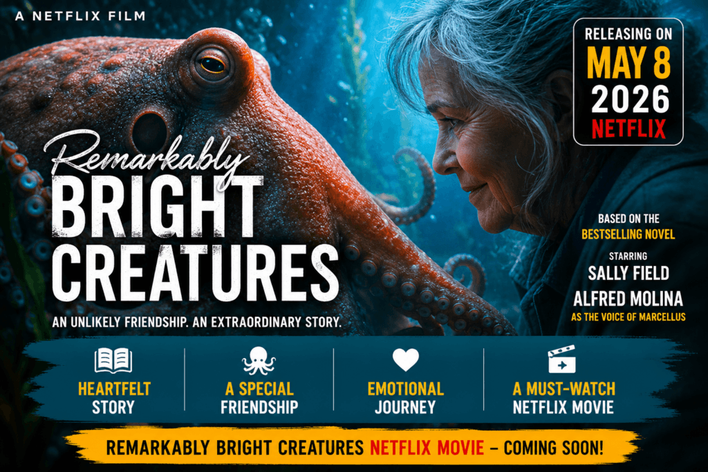Remarkably Bright Creatures Netflix movie banner featuring a giant octopus and Sally Field underwater, with release date May 8, 2026.