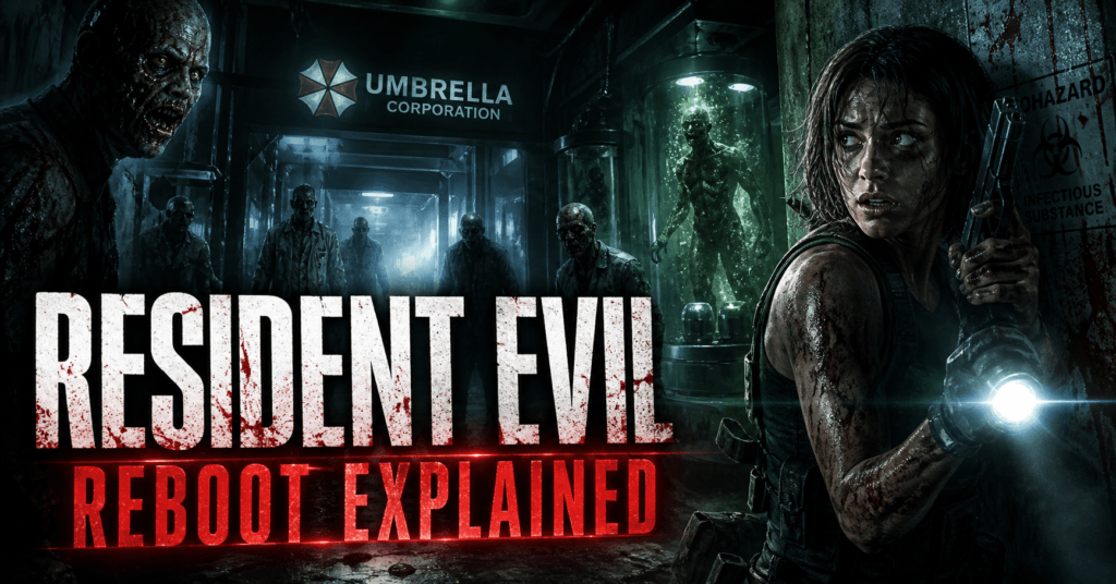 Resident Evil Reboot Explained cinematic horror banner featuring infected zombies, dark laboratory corridor, and survival horror atmosphere.