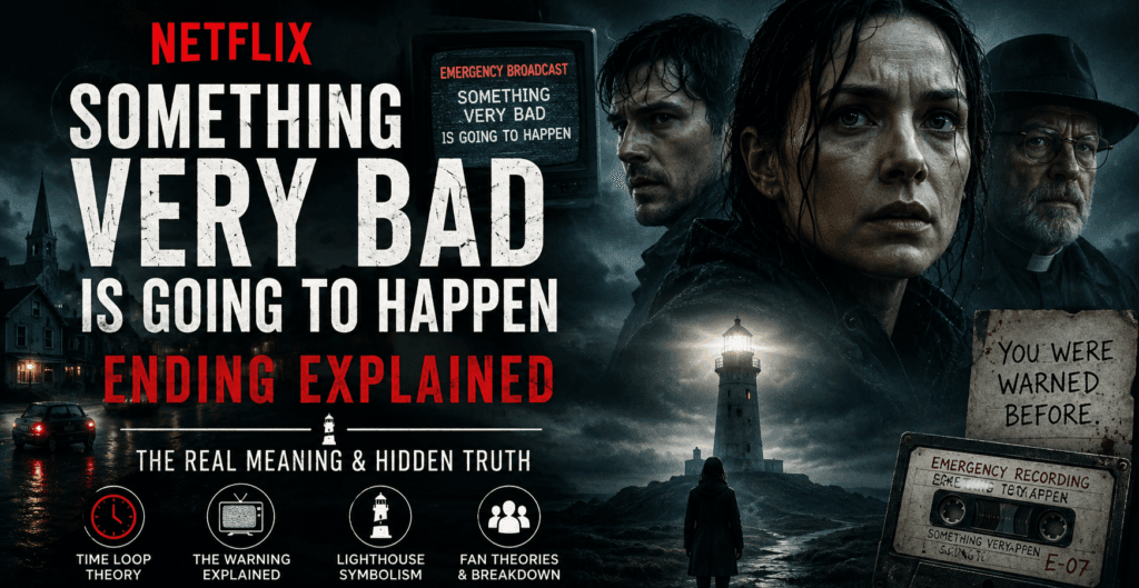 Dark cinematic banner for Something Very Bad Is Going to Happen Ending Explained featuring a stormy coastal town, lighthouse, emergency broadcast screen, and terrified characters.