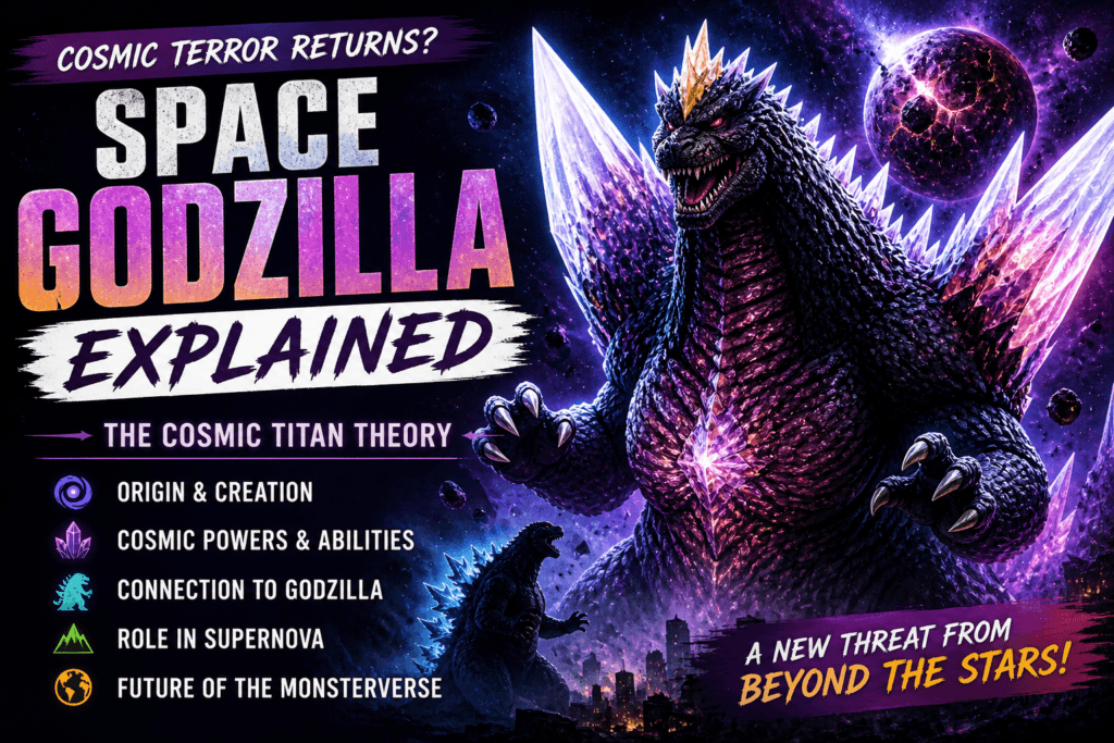 SpaceGodzilla Monsterverse theory banner showing a cosmic Titan with crystal powers facing Godzilla in deep space destruction.
