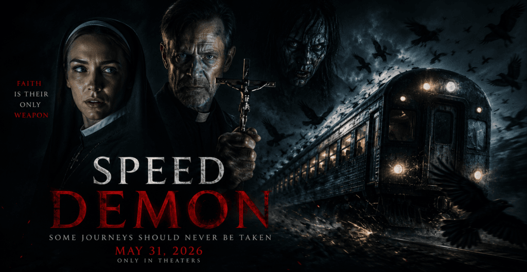 Dark cinematic horror banner featuring a haunted train racing through the night, a nun holding a crucifix, and mysterious supernatural forces surrounding the train.