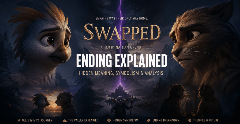 Dark cinematic banner for Swapped Ending Explained featuring Ollie and Ivy facing each other in an emotional fantasy landscape.