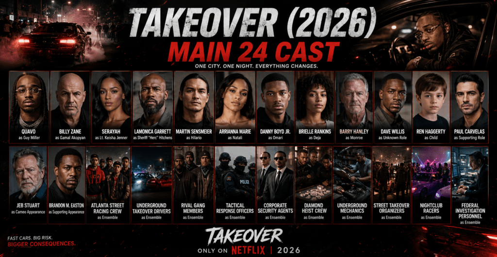 Takeover 2026 main 24 cast poster featuring Quavo, Billy Zane, Serayah, and the full character lineup from the action thriller movie