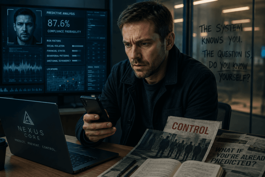 Takeover psychological surveillance scene with predictive AI system and emotional monitoring