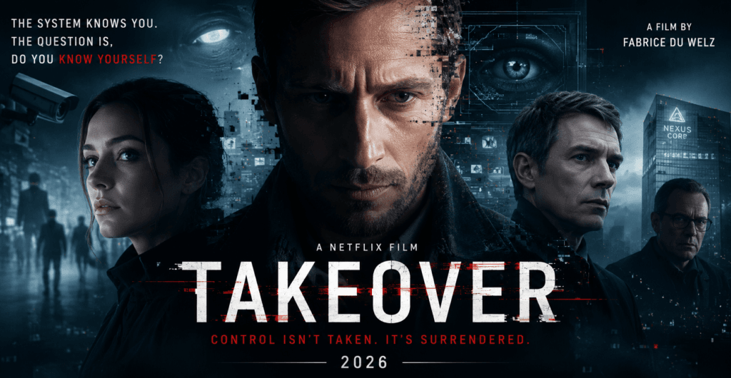 Takeover 2026 cinematic thriller banner featuring surveillance technology, glitch effects, and Elias Ward surrounded by digital screens