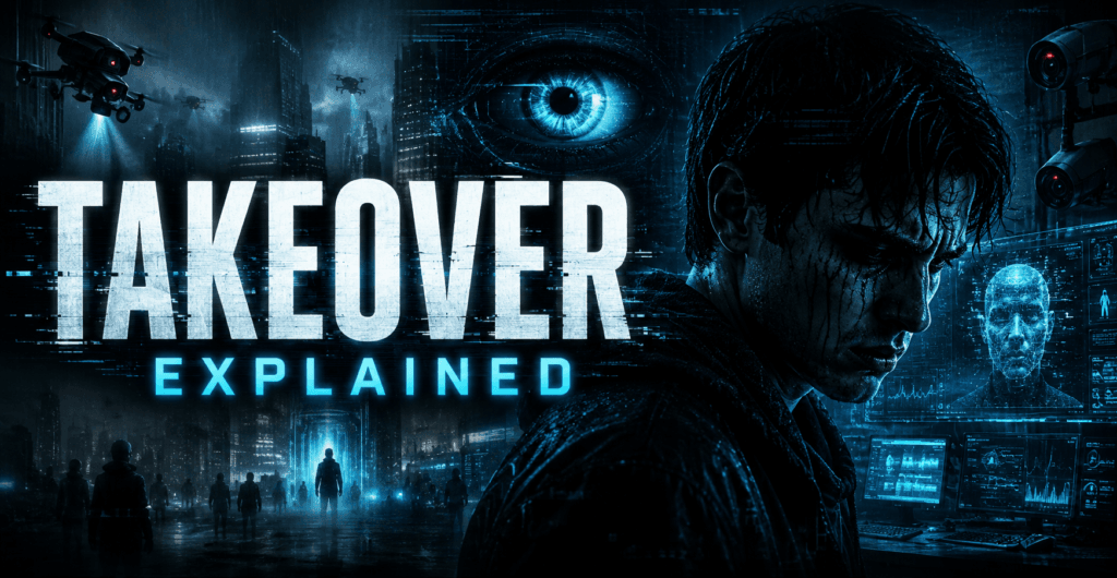 Takeover Explained cinematic sci-fi banner featuring dystopian cyberpunk city, AI surveillance, and psychological futuristic thriller atmosphere