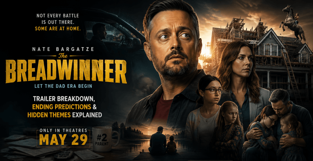 Cinematic banner for The Breadwinner (2026) featuring Nate Bargatze with emotional family scenes, dark dramatic lighting, and hidden emotional themes.