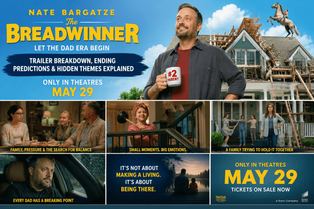 The Breadwinner (2026) promotional collage featuring Nate Bargatze standing in front of a chaotic suburban house, alongside emotional family scenes, trailer breakdown highlights, and release date May 29.