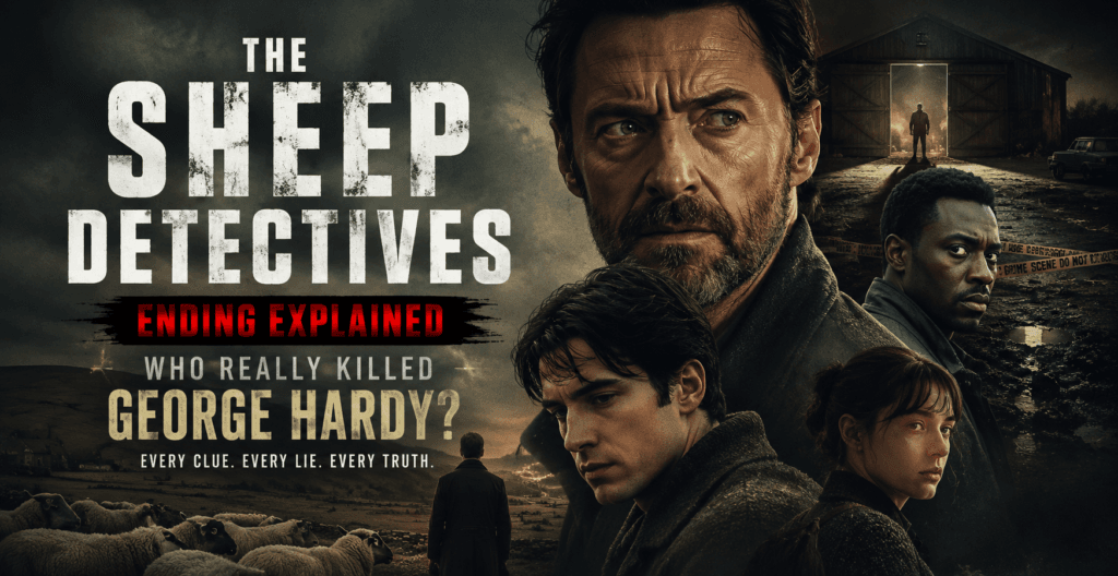 The Sheep Detectives Ending Explained cinematic banner featuring dark countryside scenery, George Hardy murder mystery visuals, dramatic character portraits, and eerie sheep symbolism.