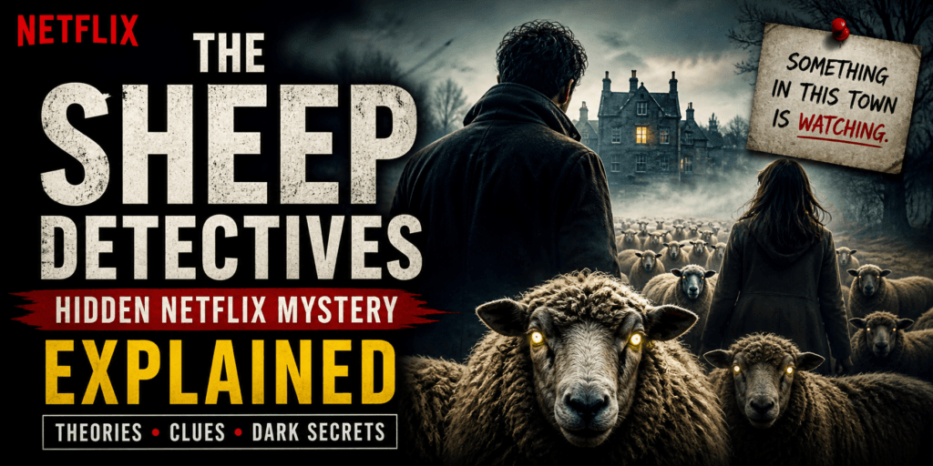 The Sheep Detectives Netflix mystery banner featuring glowing-eyed sheep, dark countryside atmosphere, and psychological thriller visuals