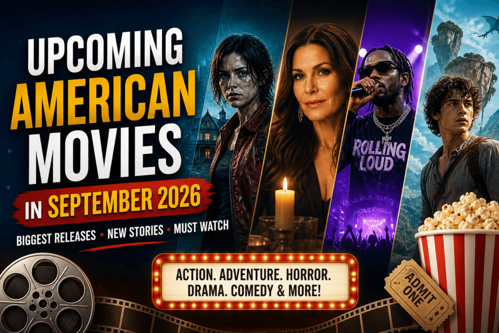 Upcoming American Movies September 2026 banner featuring cinematic Hollywood movie characters with dark dramatic visuals and bold text