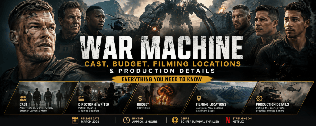 War Machine cast and filming locations banner featuring Alan Ritchson, military soldiers, alien machines, explosions, and cinematic sci-fi battlefield visuals
