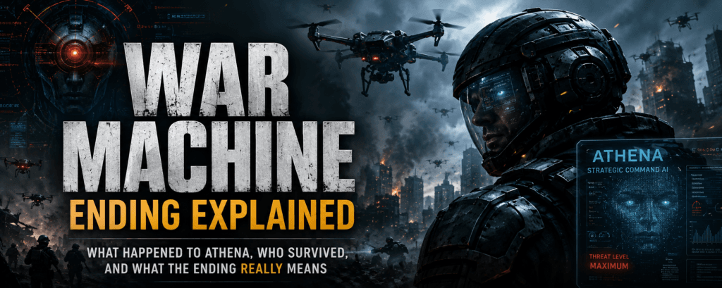 War Machine ending explained banner featuring futuristic soldiers, drones, ATHENA AI system, and a destroyed sci-fi battlefield