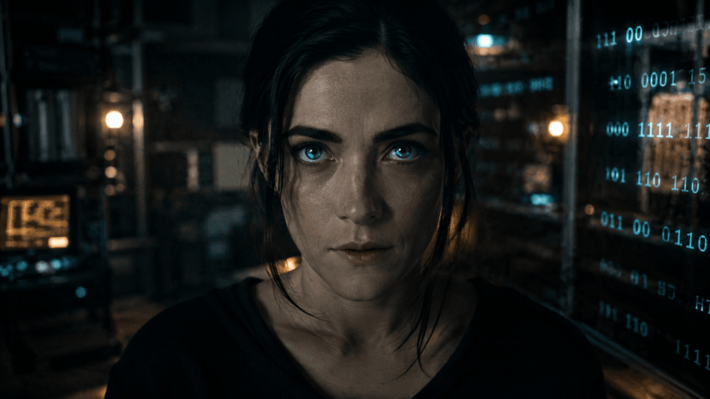 Close-up of Annika in Signal One (2026) standing inside a dark high-tech facility, with glowing teal reflections in her eyes and binary code displayed in the background.